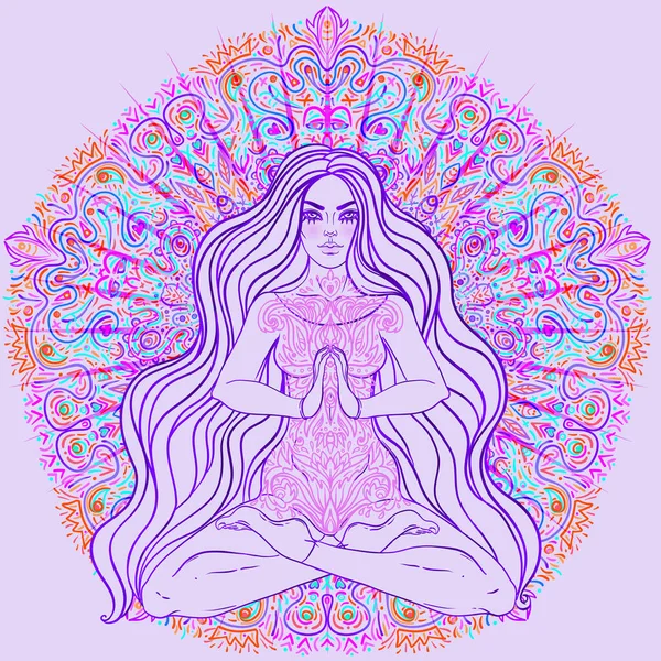 Bella ragazza seduta in posizione di loto su sfondo neon colorato ornato. Illustrazione vettoriale. Composizione psichedelica dei funghi. Motivi esoterici buddhisti. — Vettoriale Stock