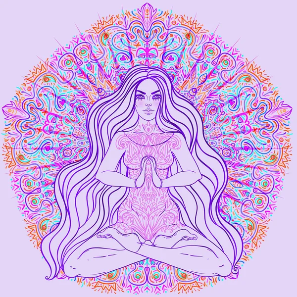 Gadis cantik yang duduk di posisi teratai dengan latar belakang neon berwarna-warni. Vektor ilustrasi. Komposisi jamur psikedelik. Motif esoterik Buddhisme. - Stok Vektor