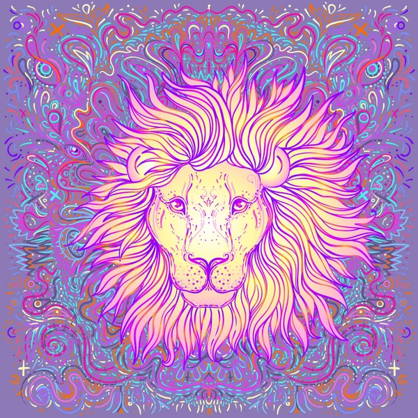 Patterned ornate lion head. African, Indian, totem, tattoo, sticker design. Design of t-shirt, bag, postcard and posters. Vector isolated illustration in bright neon colors. — Stock Vector