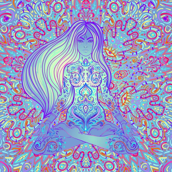 Bella ragazza seduta in posizione di loto su sfondo neon colorato ornato. Illustrazione vettoriale. Composizione psichedelica dei funghi. Motivi esoterici buddhisti. — Vettoriale Stock
