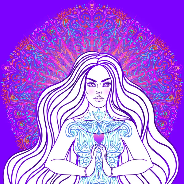 Mooi meisje zitten in lotus positie over sierlijke kleurrijke neon achtergrond. Vector illustratie. Psychedelische paddenstoelsamenstelling. Boeddhisme esoterische motieven. — Stockvector