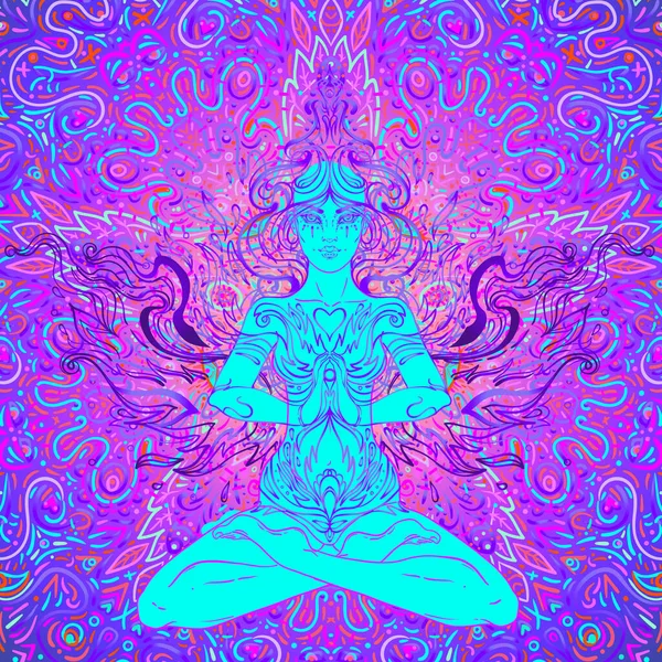 Menina bonita sentada na posição de lótus sobre fundo de néon colorido ornamentado. Ilustração vetorial. Composição de cogumelos psicodélicos. Budismo motivos esotéricos. — Vetor de Stock