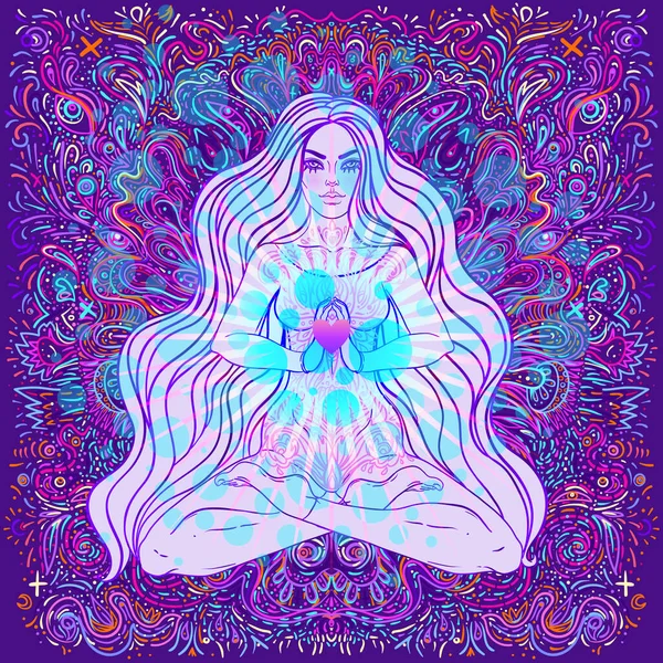 Piękna dziewczyna siedzi w pozycji lotosu nad ozdobne kolorowe neonowe tło. Ilustracja wektora. Psychodeliczna kompozycja grzybów. Motywy ezoteryczne buddyzmu. — Wektor stockowy