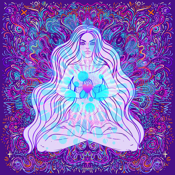 Beautiful Girl sitting in lotus position over ornate colorful neon background. Vector illustration. Psychedelic mushroom composition. Buddhism esoteric motifs. 