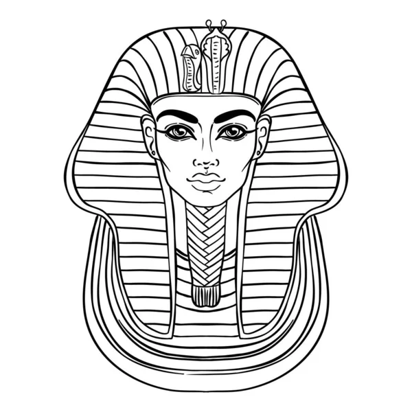 Masque du roi Toutankhamon, pharaon égyptien antique. Illustration de contour vectoriel vintage dessinée à la main. Tatouage flash, t-shirt ou poster design, carte postale, page de livre à colorier. — Image vectorielle