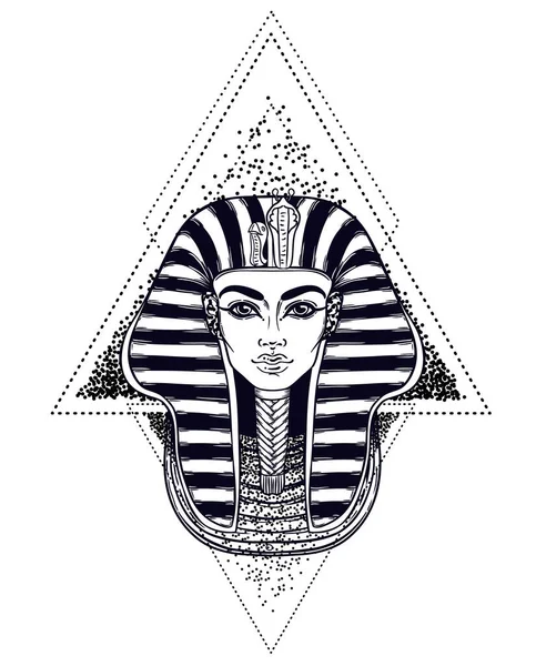 Máscara del rey Tutankamón, antiguo faraón egipcio. Ilustración del contorno del vector vintage dibujado a mano. Flash tatuaje, camiseta o diseño de póster, postal, página del libro para colorear. — Vector de stock
