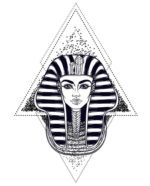 King Tutankhamun mask, ancient Egyptian pharaoh. Hand-drawn vintage vector outline illustration. Tattoo flash, t-shirt or poster design, postcard, coloring book page. — Stock Vector