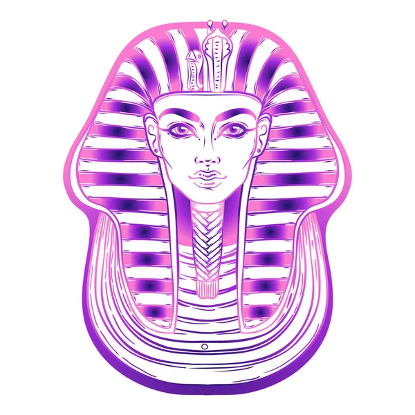 Máscara del rey Tutankamón, antiguo faraón egipcio. Ilustración del contorno del vector vintage dibujado a mano. Flash tatuaje, camiseta o diseño de póster, postal, página del libro para colorear. — Archivo Imágenes Vectoriales