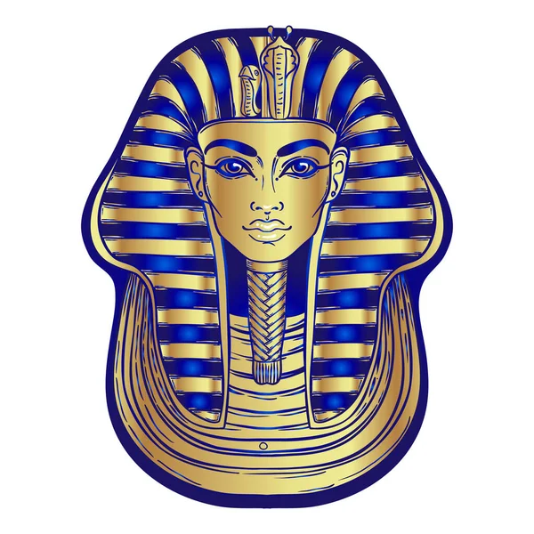 King Tutankhamun mask, forntida egyptiska farao. Handritad vintage vektor kontur illustration. Tatuering blixt, t-shirt eller affisch design, vykort, målarbok sida. — Stock vektor