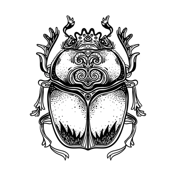 Scarabaeus sacer, Escarabajo estiércol. Símbolo sagrado del antiguo Egipto. Insectos adornados con fantasía. Ilustración vectorial aislada. Espiritualidad, tatuaje de sol oculto. — Vector de stock