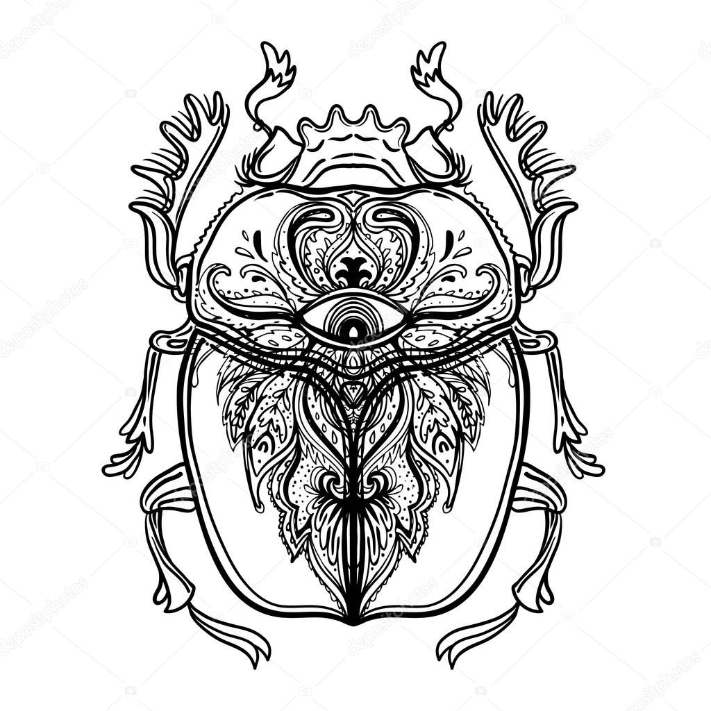 Scarabaeus sacer, Dung beetle. Sacred symbol of in ancient Egypt. Fantasy ornate insects. Isolated vector illustration. Spirituality, occult sun tattoo.