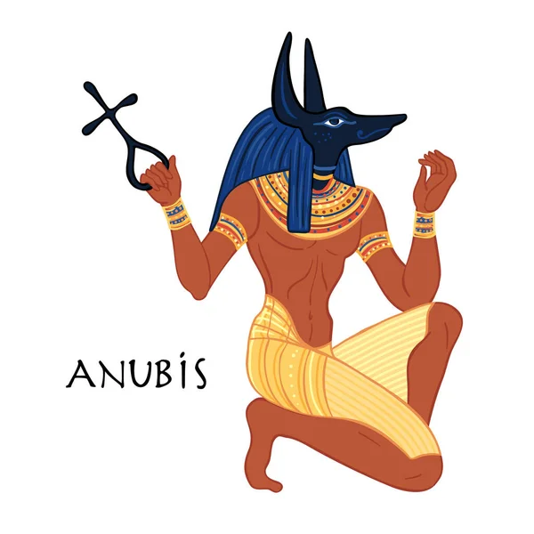 Anubisi. ve starověkém Egyptě, bůh smrti, mumifikace, balzamování, posmrtný život, hřbitovy, hrobky a podsvětí. Vektorová ilustrace. Muž s hlavou šakala nebo vlka.. — Stockový vektor