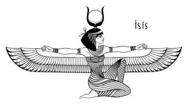 Isis, Mısır mitolojisindeki yaşam ve büyü tanrıçası. Antik Mısır 'ın en büyük tanrıçalarından biri, kadınları, çocukları korur, hastaları iyileştirir. Vektör izole illüstrasyon. Kanatlı kadın.