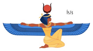 Isis, Mısır mitolojisindeki yaşam ve büyü tanrıçası. Antik Mısır 'ın en büyük tanrıçalarından biri, kadınları, çocukları korur, hastaları iyileştirir. Vektör izole illüstrasyon. Kanatlı kadın.