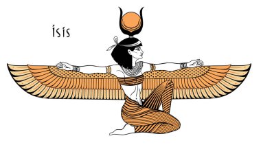 Isis, Mısır mitolojisindeki yaşam ve büyü tanrıçası. Antik Mısır 'ın en büyük tanrıçalarından biri, kadınları, çocukları korur, hastaları iyileştirir. Vektör izole illüstrasyon. Kanatlı kadın.