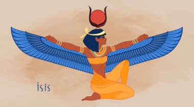 Isis, goddess of life and magic in Egyptian mythology. One of the greatest goddesses of Ancient Egypt, protects women, children, heals sick. Vector isolated illustration. Winged woman. clipart