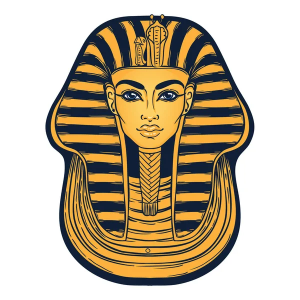 Masque du roi Toutankhamon, pharaon égyptien antique. Illustration de contour vectoriel vintage dessinée à la main. Tatouage flash, t-shirt ou poster, carte postale. Égypte histoire . — Image vectorielle