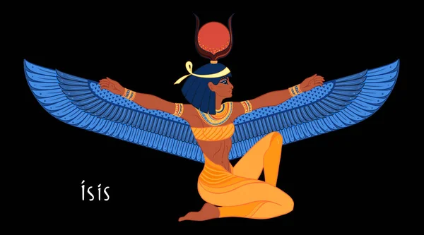 Isis, diosa de la vida y la magia en la mitología egipcia. Una de las más grandes diosas del Antiguo Egipto, protege a las mujeres, a los niños, sana enfermos. Ilustración vectorial aislada. Mujer alada . — Vector de stock