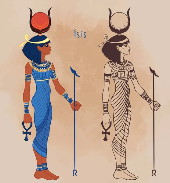 Isis, goddess of life and magic in Egyptian mythology. One of the greatest goddesses of Ancient Egypt, protects women, children, heals sick. Vector illustration. Standing woman. — Stock Vector