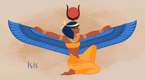 Ísis, deusa da vida e da magia na mitologia egípcia. Uma das maiores deusas do Antigo Egito, protege mulheres, crianças, cura doentes. Ilustração isolada do vetor. Mulher alada . — Vetor de Stock