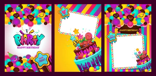 Tarjeta de felicitación con bolas de cumpleaños de emoticonos y rayas . — Vector de stock