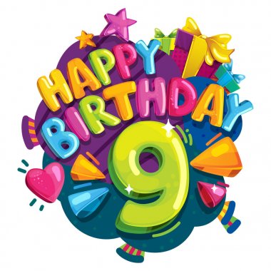 9 yıl kutlu olsun. Renkli festival illüstrasyon kutlama parti ve dekorasyon dokuz doğum günü