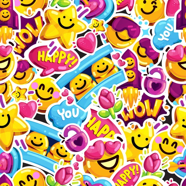 Smiley Faces Sticker Emoji Love Seamless Pattern Cartoon Vector Youth — Stock Vector