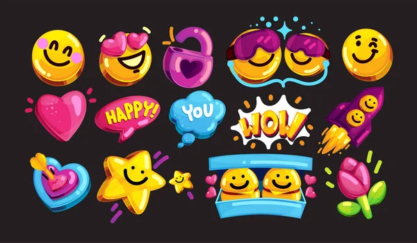Smiley Face Vector Icon Set Youth Cartoon Stickers Lovers Friends — Stock Vector