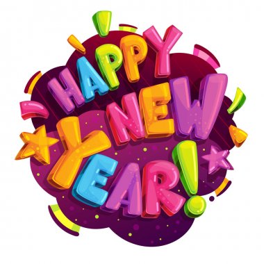 Mutlu yeni yıl vektör logosu. Çizgi film tatil renk illüstrasyon