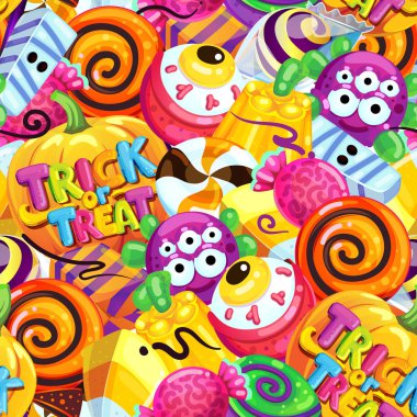 Mutlu Cadılar Bayramı tatlı seamless modeli. Hediye ver yoksa karışmam. Çizgi film vektör çizim şeker ve lolipop.