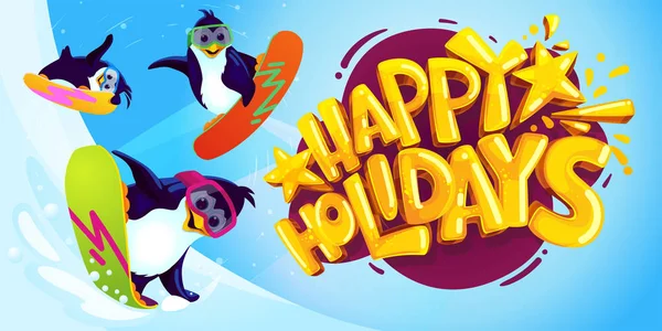 Happy Holidays Cartoon Vector Illustration Penguins Snowboards Blue Background Logo — Stock Vector