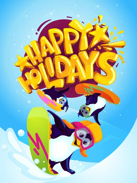 Pingüinos Snowboarders Inscripción Felices Fiestas Diversión Vectorial Ilustración Dibujos Animados — Vector de stock