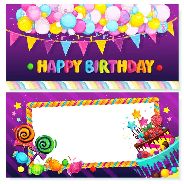 Happy Birthday Postcard Vector Festive Illustration Balloons Flags Sweets Frame — Stock Vector