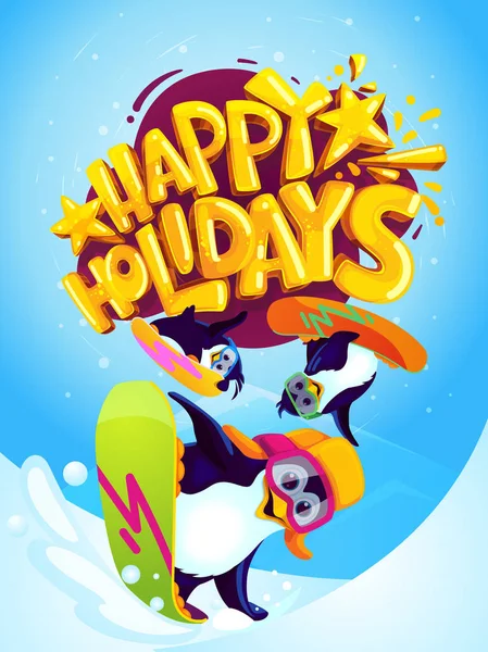 Penguenler Snowboard Yazıt Mutlu Tatiller Vektör Eğlenceli Çizgi Film Gösterim Stok Illüstrasyon