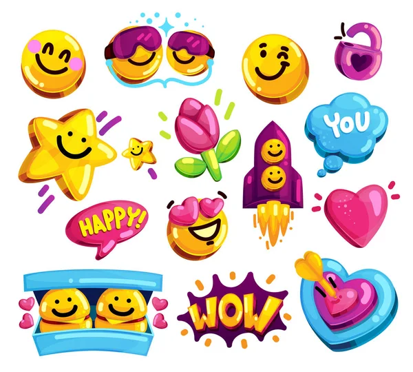 Smiley Face Love Friends Stickers Vector Set Cartoon Youth Symbols — Stock Vector