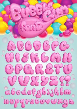Yazı tipi balonlu sakız. Pembe çizgi film harfler vektör kümesi. Tatlı kabarcık sembolleri alfabe çizimi