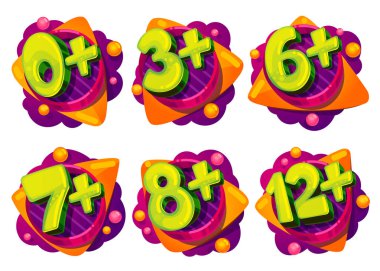 Age restrictions for children's games and movies. Signs from 0, 3, 6, 7, 8 years. Set cartoon vector illustrations of figures with abstract elements of figures by balls with triangles of clouds. clipart