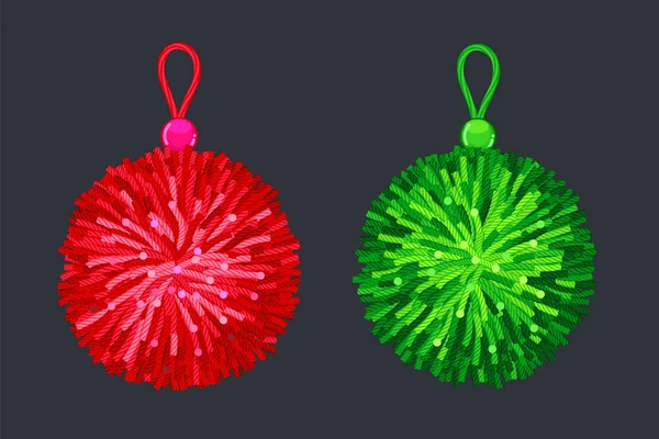柔らかいポンポン ボール 赤と緑のペンダントのベクトル イラスト — ストックベクタ