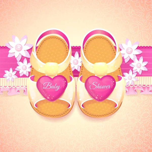 Babydusche Baby Mädchen Rosa Schuhe Vektor Illustration Von Weißen Kindersandalen — Stockvektor