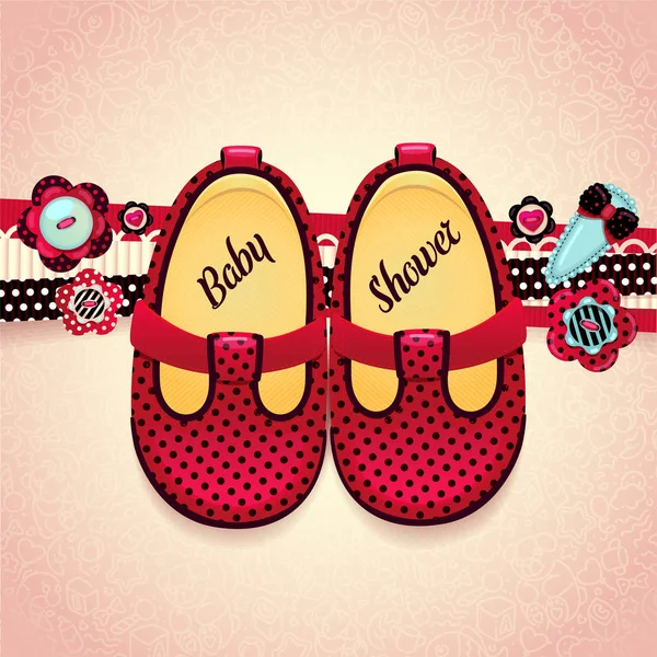 Babydusche Vektor Illustration Babymädchen Rot Gepunktete Schuhe Und Bänder Knöpfe — Stockvektor