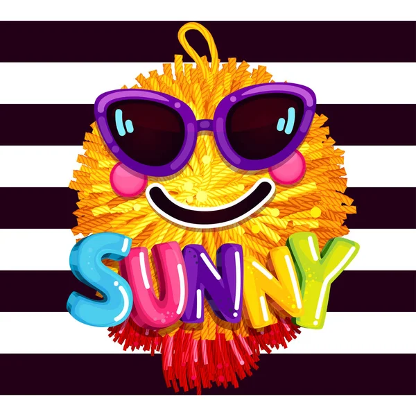 明るい笑顔のサングラス 夏のカラフルなプリント ストリップの背景にソフト ポンポン ペンダント ベクトル イラスト 漫画デザイン ストックベクター
