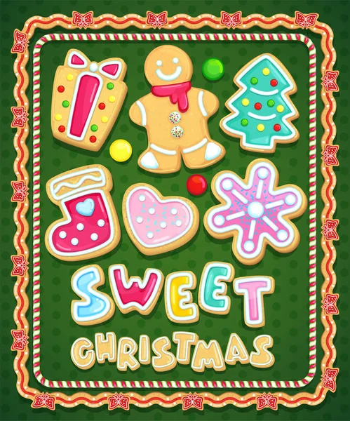甘いクリスマスのクッキーを設定します ベクトル図自家製のホリデーを焼きます ジンジャーブレッド人 ギフト ボックス スノーフレーク クリスマス ツリー 心臓とフレーム ロリポップの緑の背景にお菓子 ロイヤリティフリーのストックイラスト