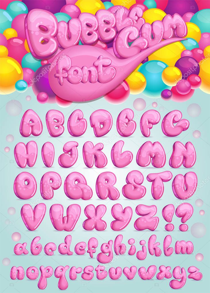 Font Bubble gum. Vector set of pink cartoon letters. Illustration of sweet bubble symbols alphabet