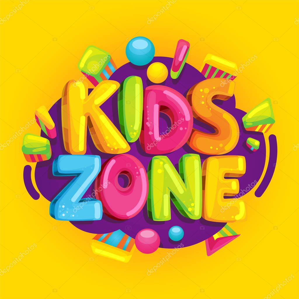 Kids zone cartoon banner. Colorful bubble letters for children's playroom decoration. Inscription on orange background