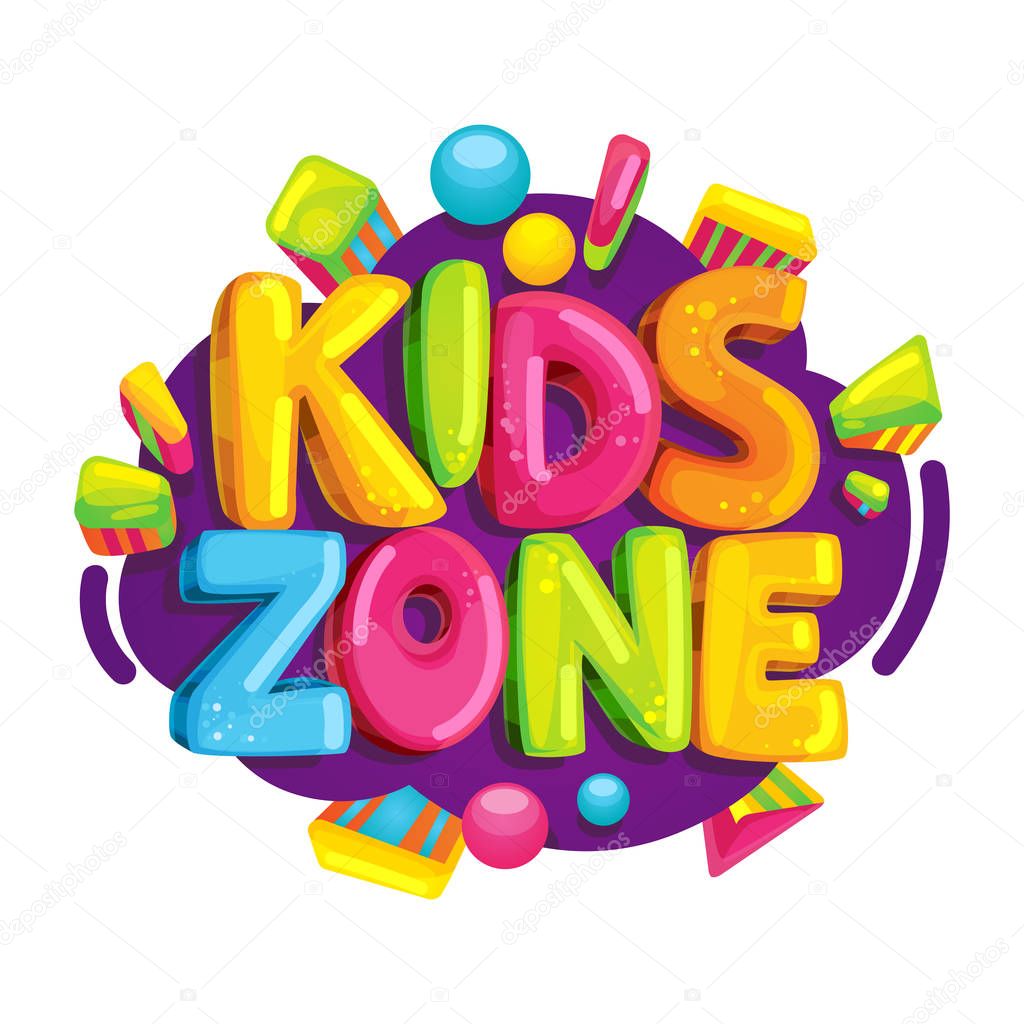 Kids zone cartoon logo. Colorful bubble letters for children's playroom decoration. Inscription on isolated background