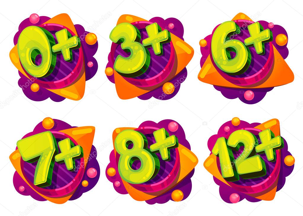 Age restrictions for children's games and movies. Signs from 0, 3, 6, 7, 8 years. Set cartoon vector illustrations of figures with abstract elements of figures by balls with triangles of clouds.