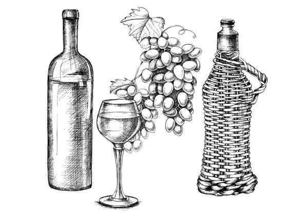 Set de uvas, vino con dibujo a mano — Archivo Imágenes Vectoriales