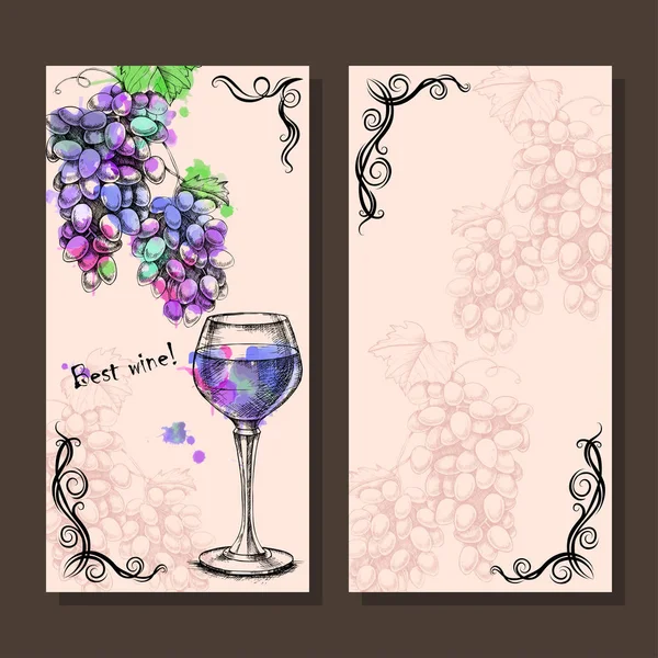 Tarjeta, menú de uvas de boceto, vino, botella — Archivo Imágenes Vectoriales