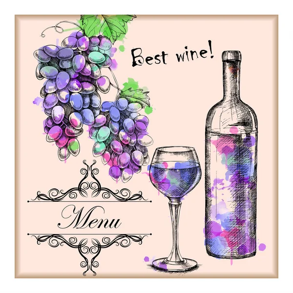 Card menu with sketch grapes, wine Royalty Free Stock Vectors