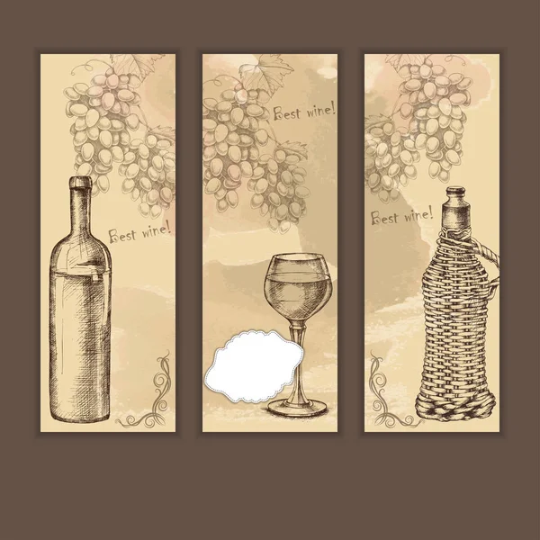 Tres banderas de uvas de boceto, vino, botella — Archivo Imágenes Vectoriales